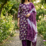 Jamdani Buti 3 Piece Set side open raw silk kurti