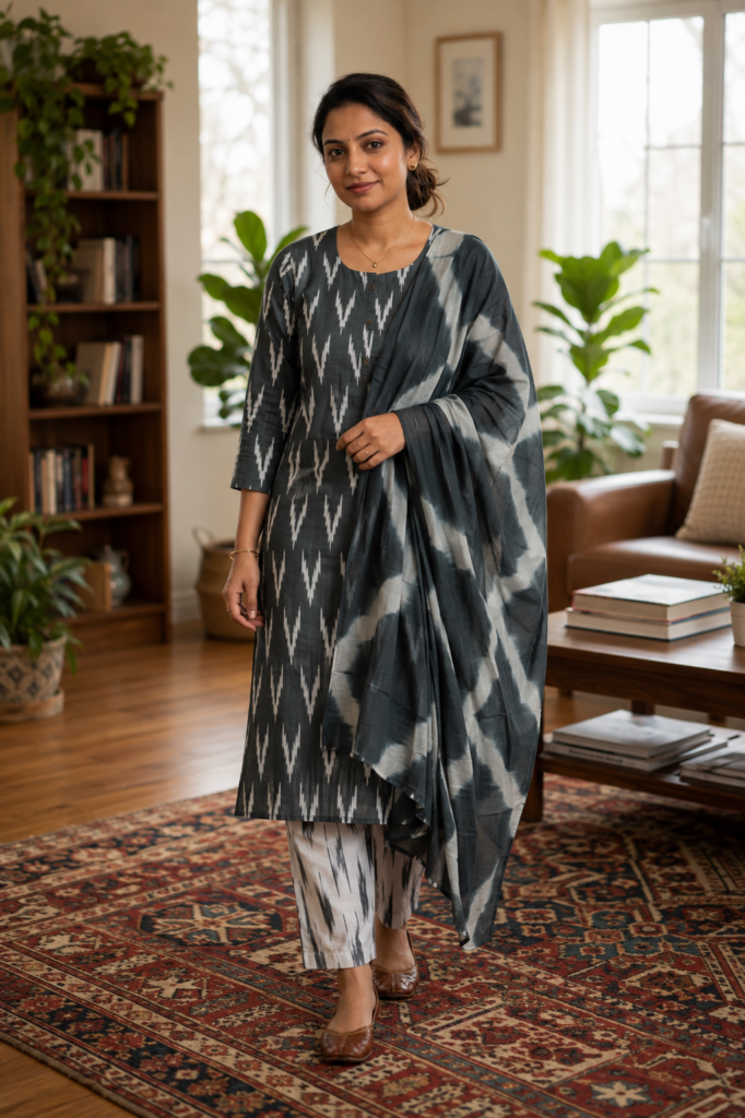 Cotton Ikat Side Open 3 Piece Set