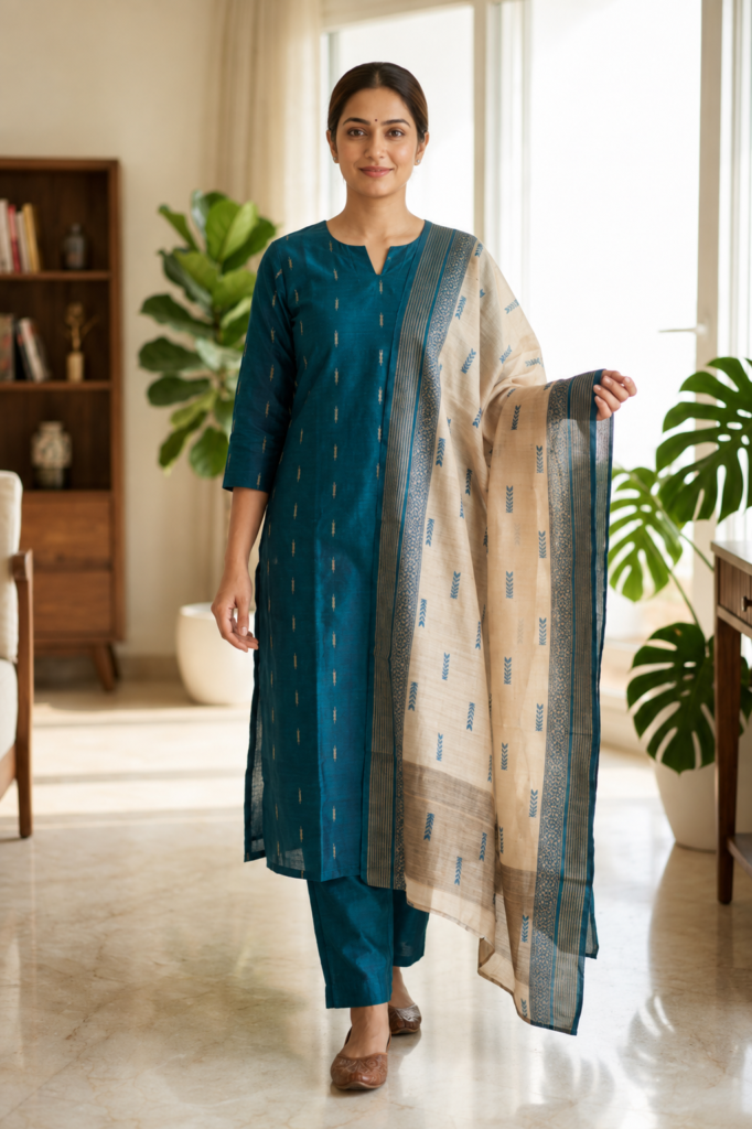 Jamdani Buti 3 Piece Set side open raw silk kurti
